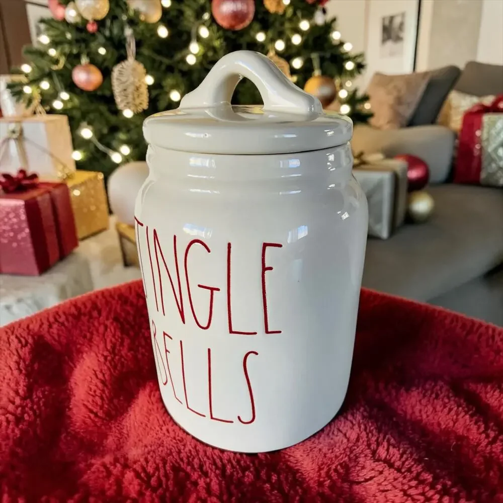 Rae Dunn Ceramic Christmas Jingle Bells Xmas Holiday White & Red Treat Snack Jar